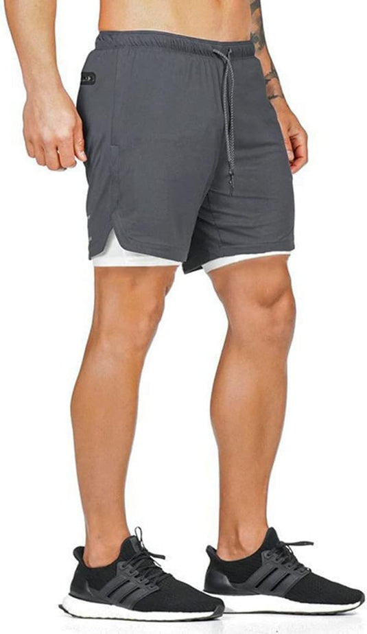Shorts heren 2-in-1 trainingsshorts zomer korte broek sneldrogende hardloopshort sportbroek met zakken compressieshort