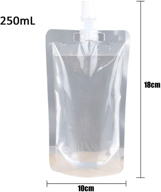 50 Dranken zakken, transparante smoothie zak container, zware hand-held lek-proof en verzegelbare drankzak, 238.1 g voor bevroren sap drankflessen, een plastic trechter (250ml)