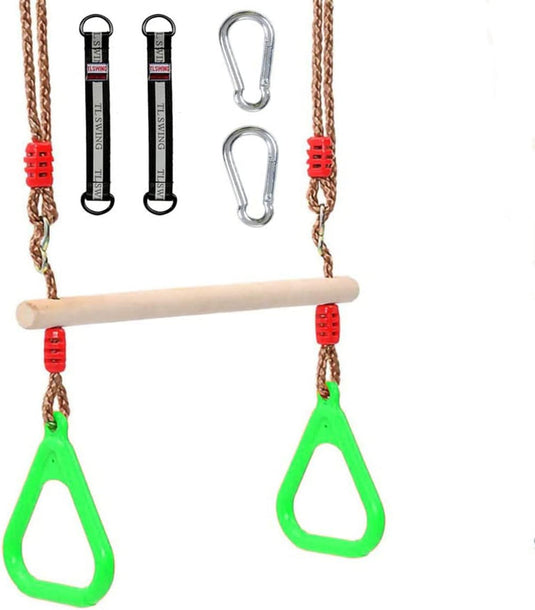 Trapezeschommel 2-in-1 met gymnastiekringen tot 120 kg – houten turnschommel – binnen en buiten