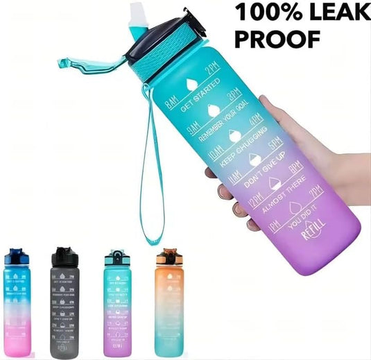 Waterfles met rietje en tijdmarkering 1 liter