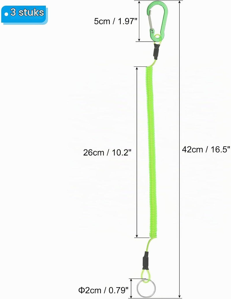 Laden Sie das Bild in Galerie -Viewer, Spiraalkoorden 3 stuks uitschuifbaar tot 150 cm met clip groen – veiligheidslijnen – outdoor accessoires
