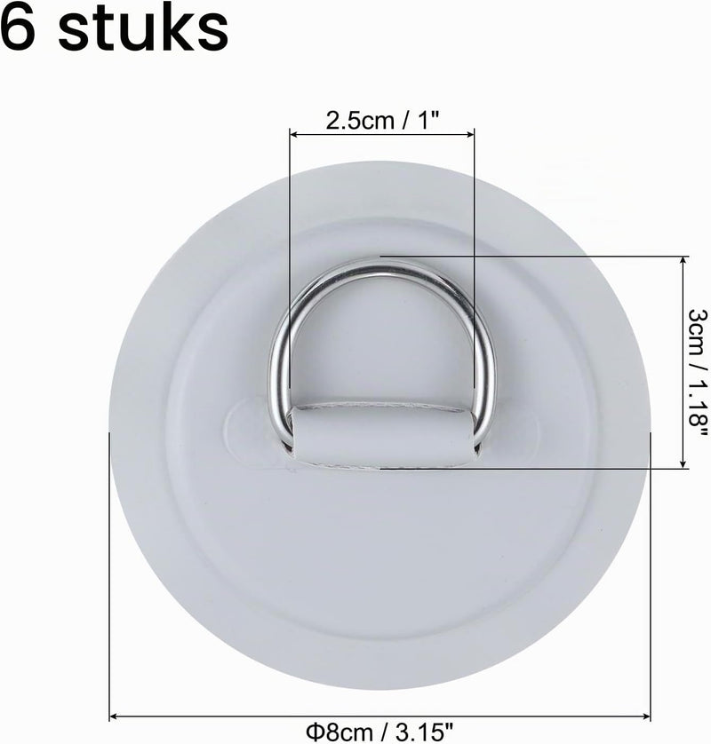 Laad afbeelding in Galerijviewer, D-ring bevestigingspads 6 stuks 8 cm van PVC grijs – roestvrijstalen bevestigingsringen – SUP kajak accessoires
