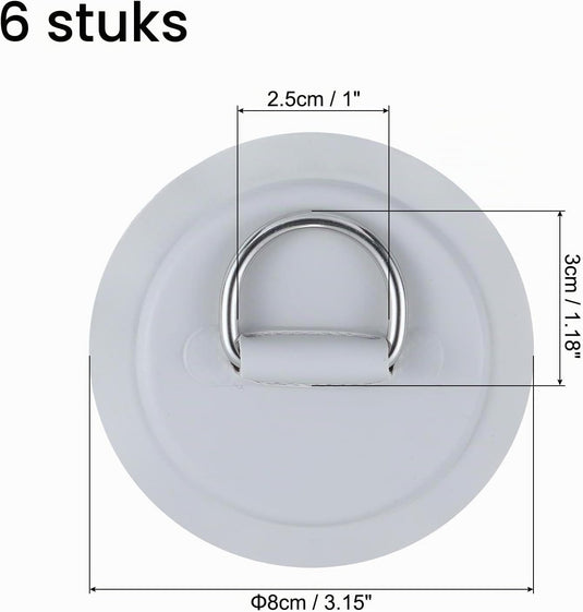 D-ring bevestigingspads 6 stuks 8 cm van PVC grijs – roestvrijstalen bevestigingsringen – SUP kajak accessoires