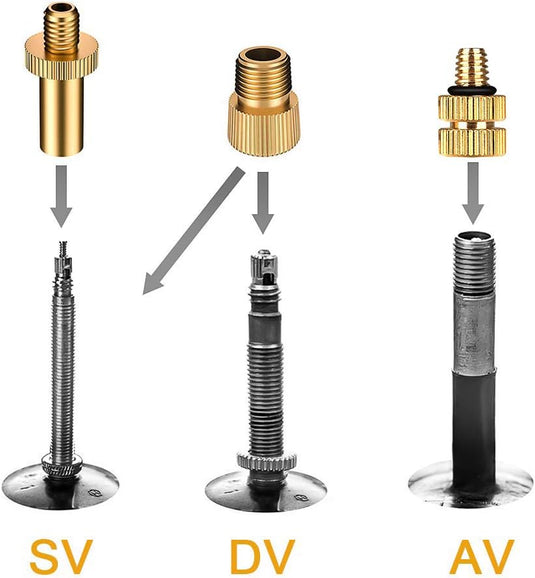 Fietsventieladapter, adapter voor alle AV-/DV-/SV-ventielen, opblaasventielen, set voor alle fietspompen, luchtpompen, naalden voor bal-, basketbal en voetbalpompen