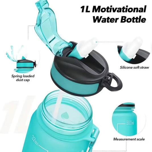 Waterfles met rietje en tijdmarkering 1 liter