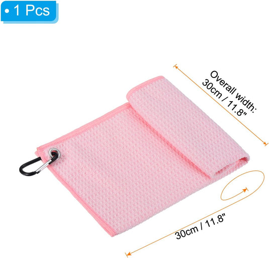 Golfhanddoek 40 x 40 cm met D-clip roze – absorberende tri-fold handdoek – golf accessoires