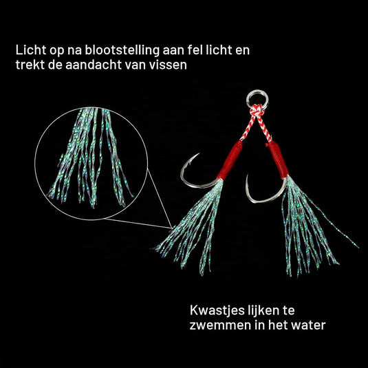 Dubbele assist vishaken 5 stuks maat 13 met glow draad – jigging haken – visaccessoires