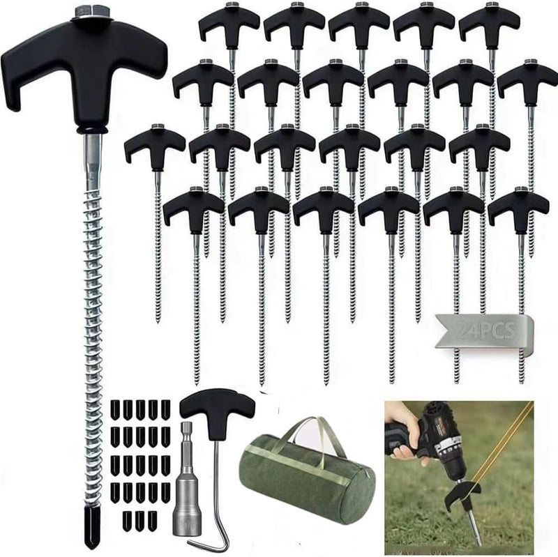 Charger l’image dans la visionneuse de galerie, Piquets à vis 24 pièces de 20 cm en acier au carbone avec adaptateur de perçage et extracteur de piquets – ancrage de tente – matériel de camping
