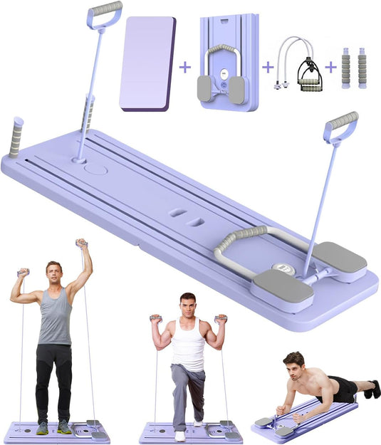 Opvouwbaar pilates board met ab roller en weerstandsband paars – buikspiertrainer – pilates trainer