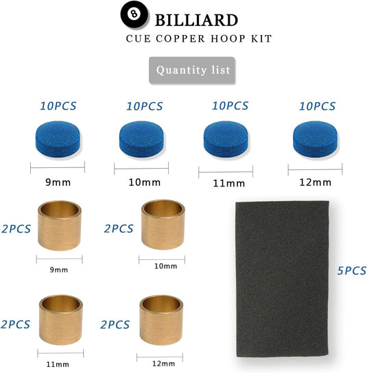 53-delige Biljartkeu Tip Set 9-12 mm – Leren Keutips, Messing Ferrules & Schuurpapier