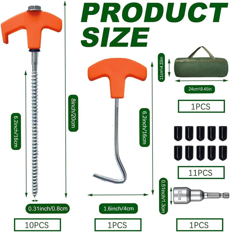 Charger l’image dans la visionneuse de galerie, Piquets à vis 24 pièces de 20 cm en acier au carbone avec adaptateur de perçage et extracteur de piquets – ancrage de tente – matériel de camping
