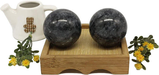 Marmeren baoding ballen 3,5 cm zwart grijs