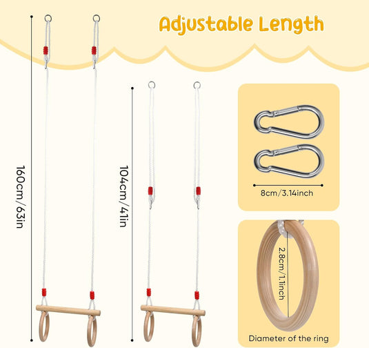 Trapezeschommel 2-in-1 met houten stang en gymnastiekringen tot 50 kg – kinderschommel – turnringen