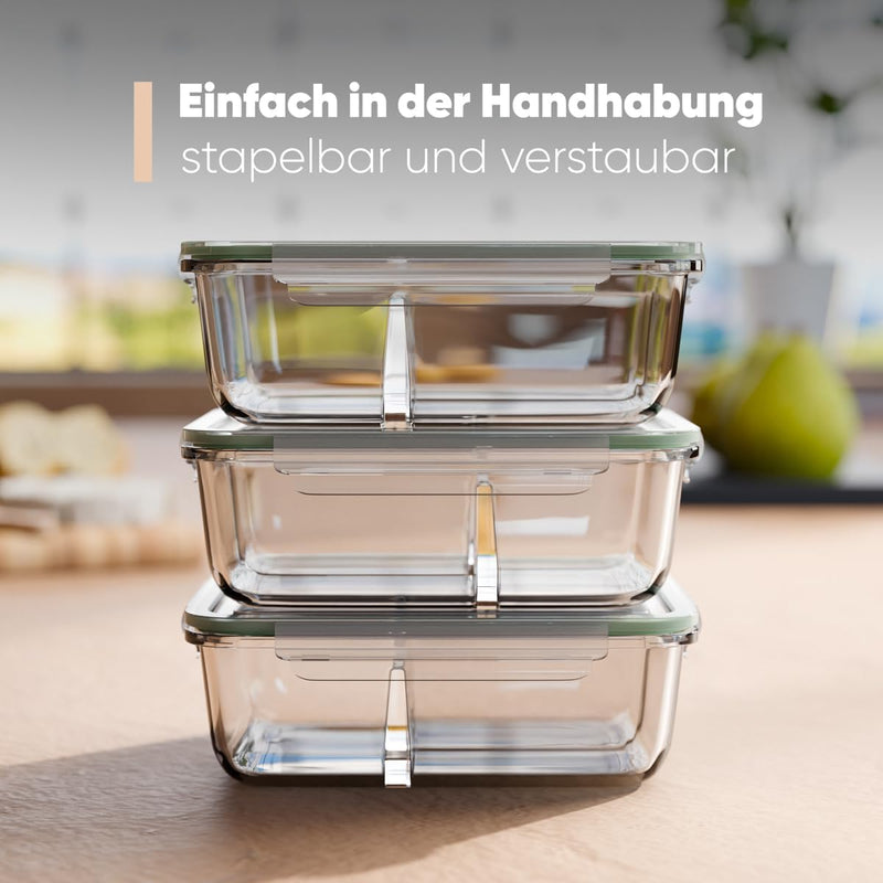 Laad afbeelding in Galerijviewer, Glazen meal prep bakjes set van 3 met 3 vakken
