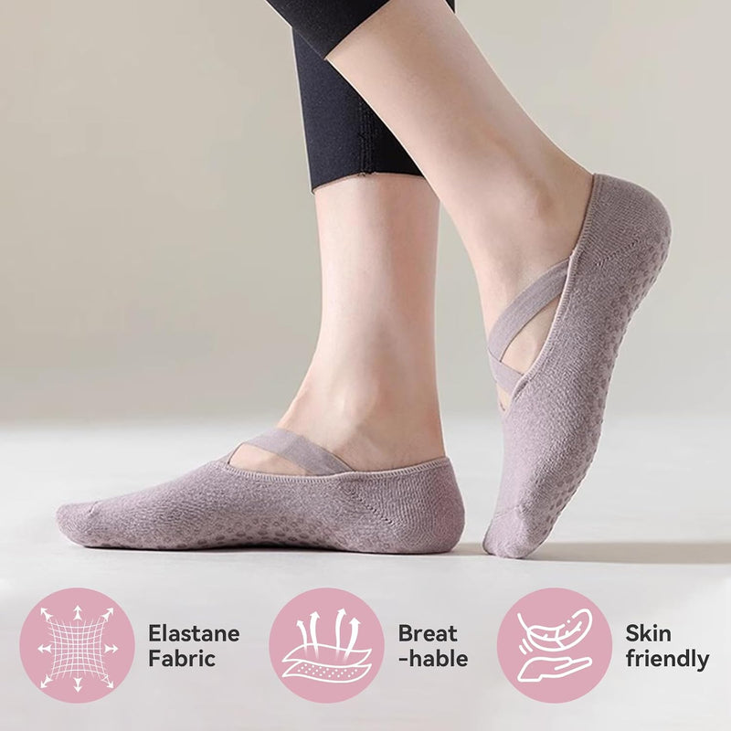 Laad afbeelding in Galerijviewer, Pilates antislip sokken dames 5 paar met siliconen grip en kruisbanden – yoga sokken – fitness sokken
