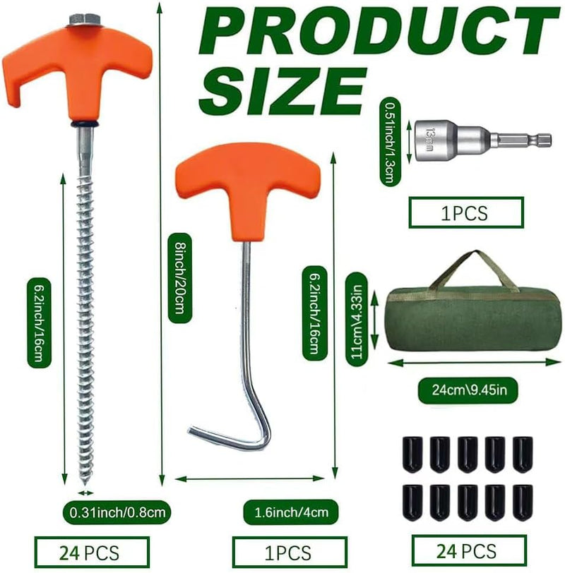 Charger l’image dans la visionneuse de galerie, Piquets à vis 24 pièces de 20 cm en acier au carbone avec adaptateur de perçage et extracteur de piquets – ancrage de tente – matériel de camping
