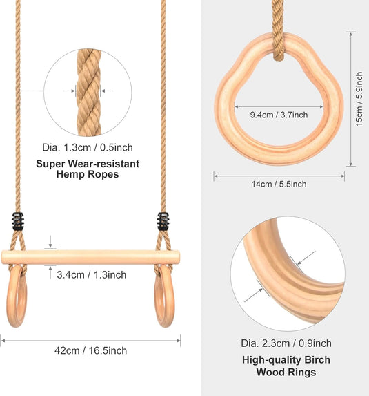 Trapèze pour enfants avec barre de gymnastique en bois et anneaux – jouet de gymnastique – balançoire à grimper