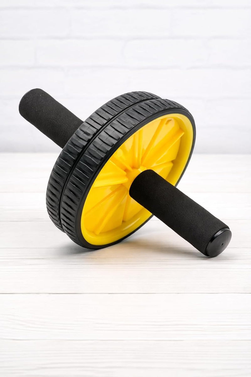 Laad afbeelding in Galerijviewer, Ab roller met dubbele wielen handgrepen en kniemat geel – buikspiertrainer – ab wheel
