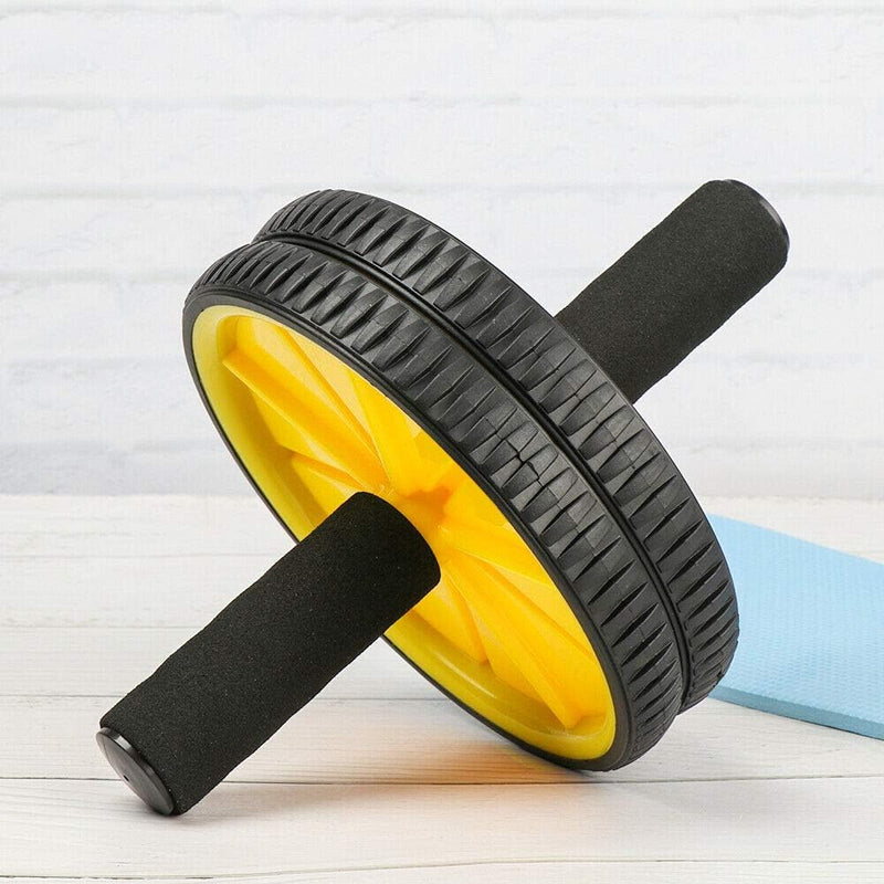 Laad afbeelding in Galerijviewer, Ab roller met dubbele wielen handgrepen en kniemat geel – buikspiertrainer – ab wheel
