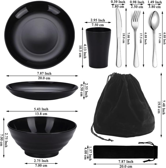 Campingservies set voor 1 persoon met bestek en tas