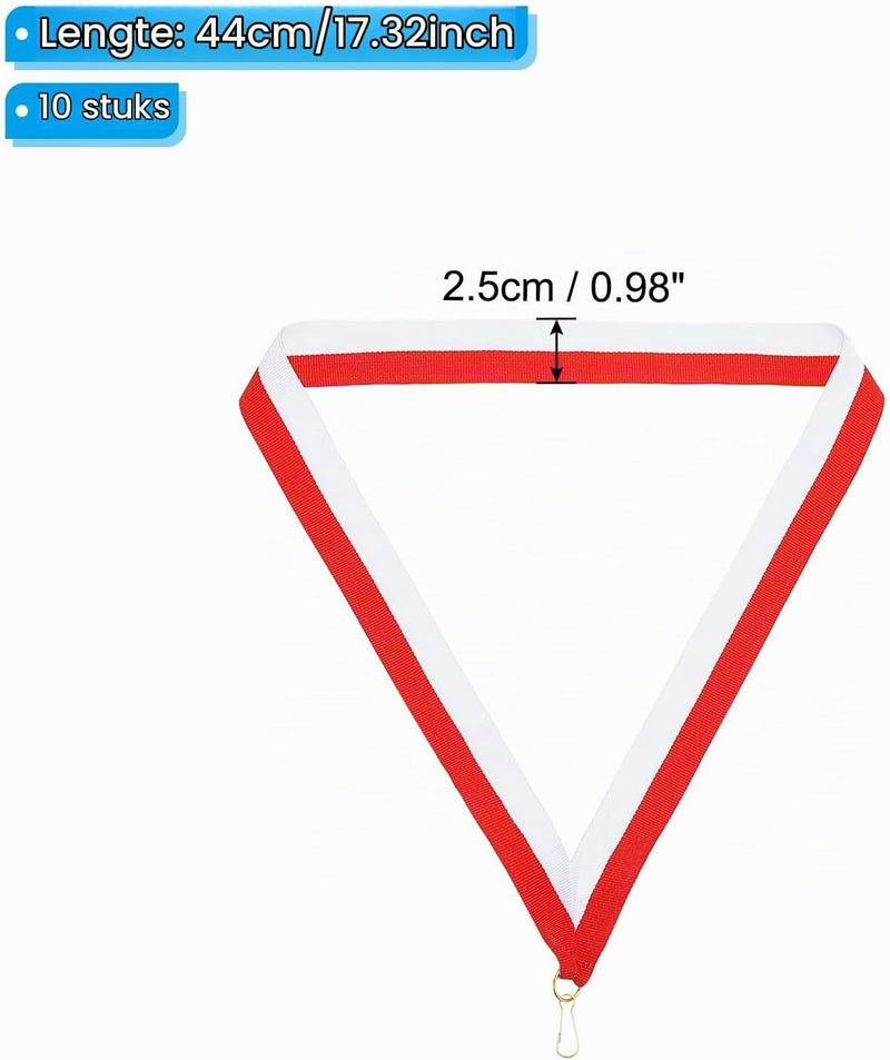 Załaduj obraz do przeglądarki galerii, Medaillelinten 10 stuks 44 cm rood-wit met klikclips – gestreepte neklinten – sport accessoires
