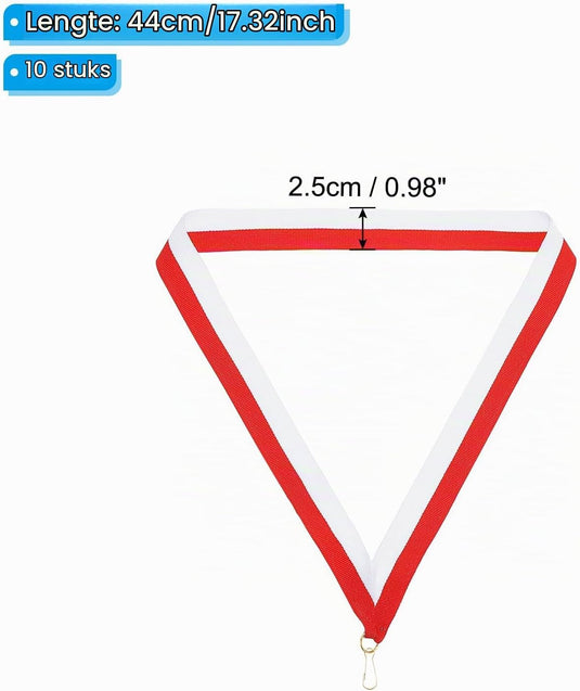 Medaillelinten 10 stuks 44 cm rood-wit met klikclips – gestreepte neklinten – sport accessoires