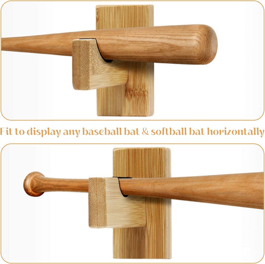 2 pieces baseball bat holder, horizontally displayed, handmade solid wood baseball bat holder with felt lining and racket wall mount