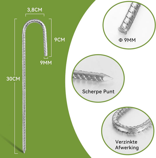 Grondpennen 6 stuks 30 cm van verzinkt staal met J-haak – trampoline ankers – grondankers