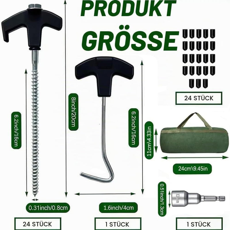 Charger l’image dans la visionneuse de galerie, Piquets à vis 24 pièces de 20 cm en acier au carbone avec adaptateur de perçage et extracteur de piquets – ancrage de tente – matériel de camping
