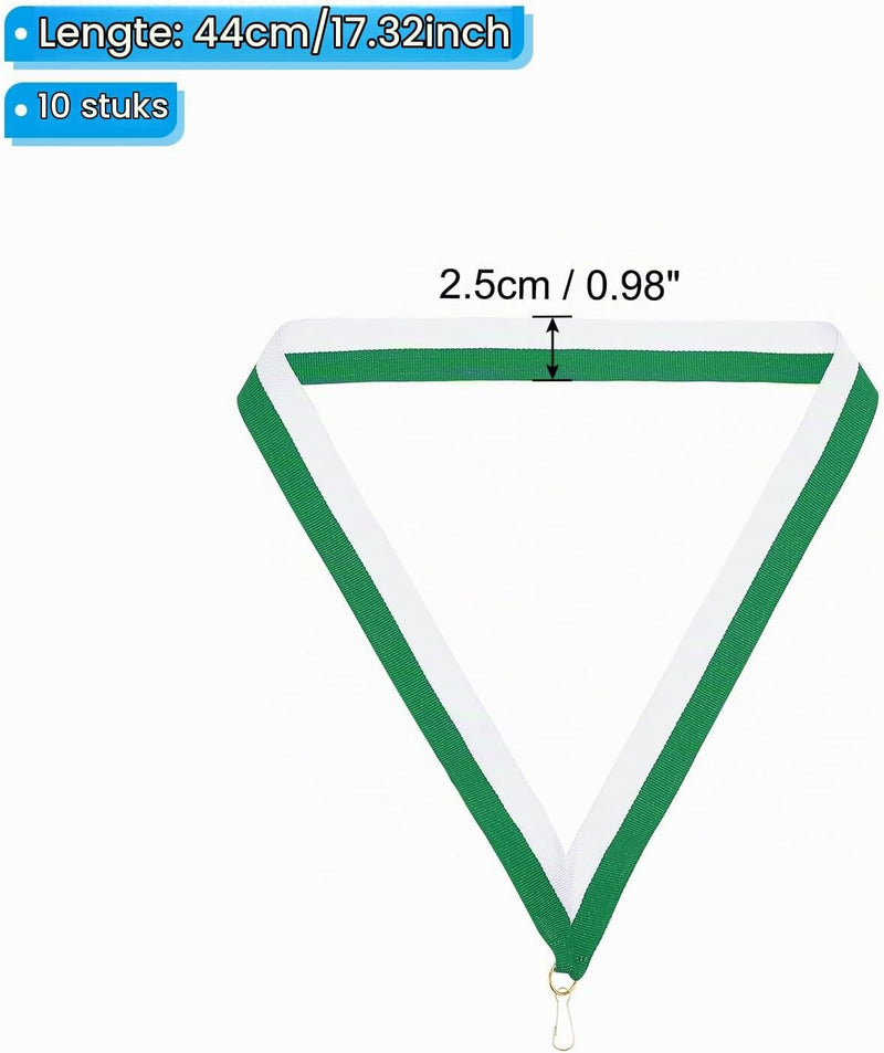 Load image into Gallery viewer, Medaillelinten 10 stuks 44 cm groen-wit met klikclips – gestreepte neklinten – sport accessoires
