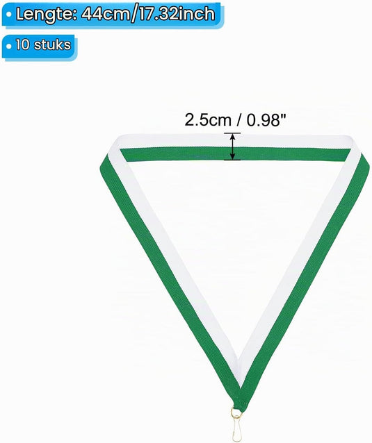 Medaillelinten 10 stuks 44 cm groen-wit met klikclips – gestreepte neklinten – sport accessoires
