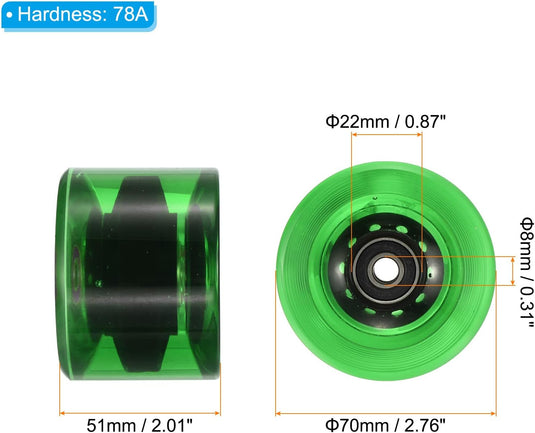 Longboard wielen 70 x 51 mm 78A met ABEC-9 lagers 4 stuks transparant groen – cruiser wielen