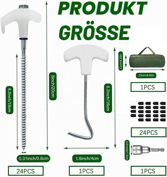 Piquets à vis 24 pièces de 20 cm en acier au carbone avec adaptateur de perçage et extracteur de piquets – ancrage de tente – matériel de camping
