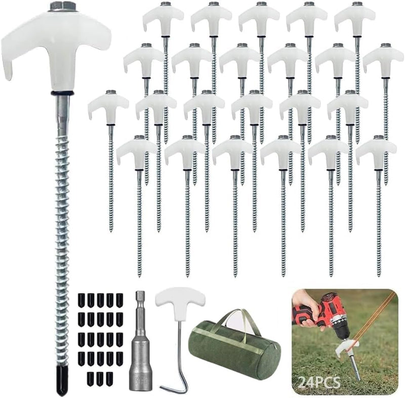 Charger l’image dans la visionneuse de galerie, Piquets à vis 24 pièces de 20 cm en acier au carbone avec adaptateur de perçage et extracteur de piquets – ancrage de tente – matériel de camping
