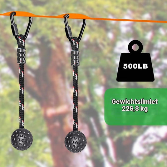 Aste sospese in legno, 2 pezzi da 35 cm, con corde di sospensione e moschettoni – percorso ninja – accessori per arrampicata