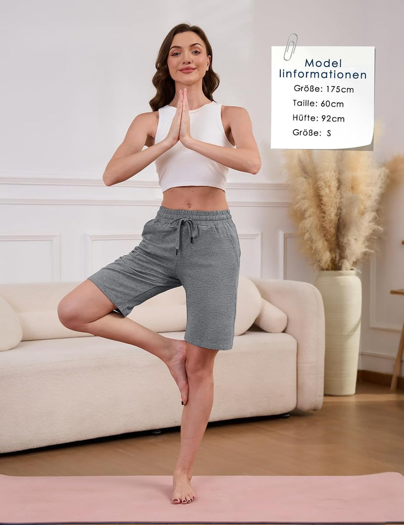 Laad afbeelding in Galerijviewer, MOVE BEYOND Bermudashort voor dames, 36 cm lang, 3 zakken, atletische yoga, gym, sweatshorts met trekkoord, lounge, slaapshorts

