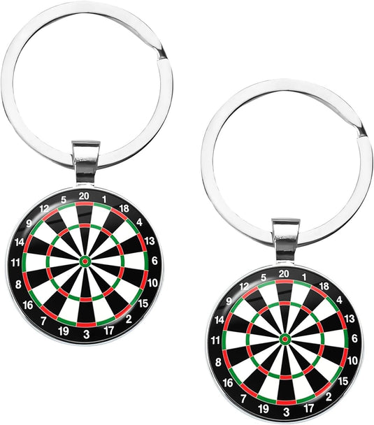 Porte-clés cibles de fléchettes, lot de 2, en métal et verre, avec mini cible de 2,5 cm – pendentifs fléchettes – cadeau pour les amateurs de fléchettes