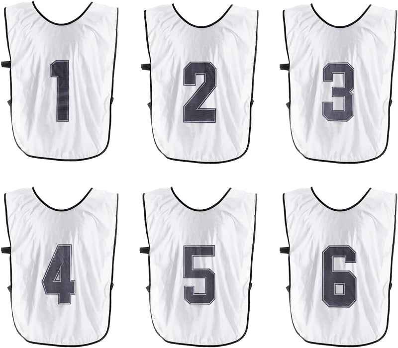 Laad afbeelding in Galerijviewer, Voetbal trainingshesjes 6 stuks genummerd 1 tot 6 voor volwassenen – teamvesten – sporthesjes
