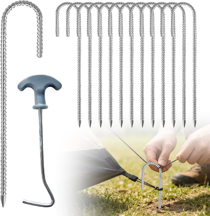 Laden Sie das Bild in Galerie -Viewer, Grondankers 12 stuks 30 cm met J-haken en trekker – trampoline haringen – stormankers
