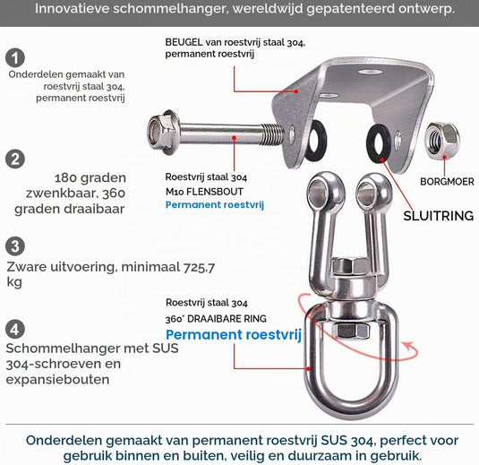 Schommel plafondhaak van 304 RVS met 360 graden draaifunctie en bevestigingsbouten – draaibare ophanghaak – schommelmontage