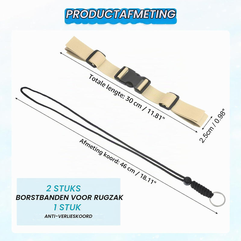 Laad afbeelding in Galerijviewer, Verstelbare rugzak borstband set met snelgesp en veiligheidskoord – borstriem – outdoor accessoires
