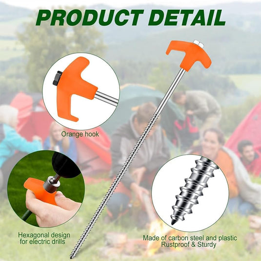 Piquets à vis 24 pièces de 20 cm en acier au carbone avec adaptateur de perçage et extracteur de piquets – ancrage de tente – matériel de camping