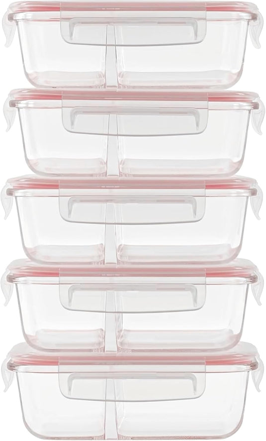 Glazen meal prep bakjes set van 5 met 2 vakken