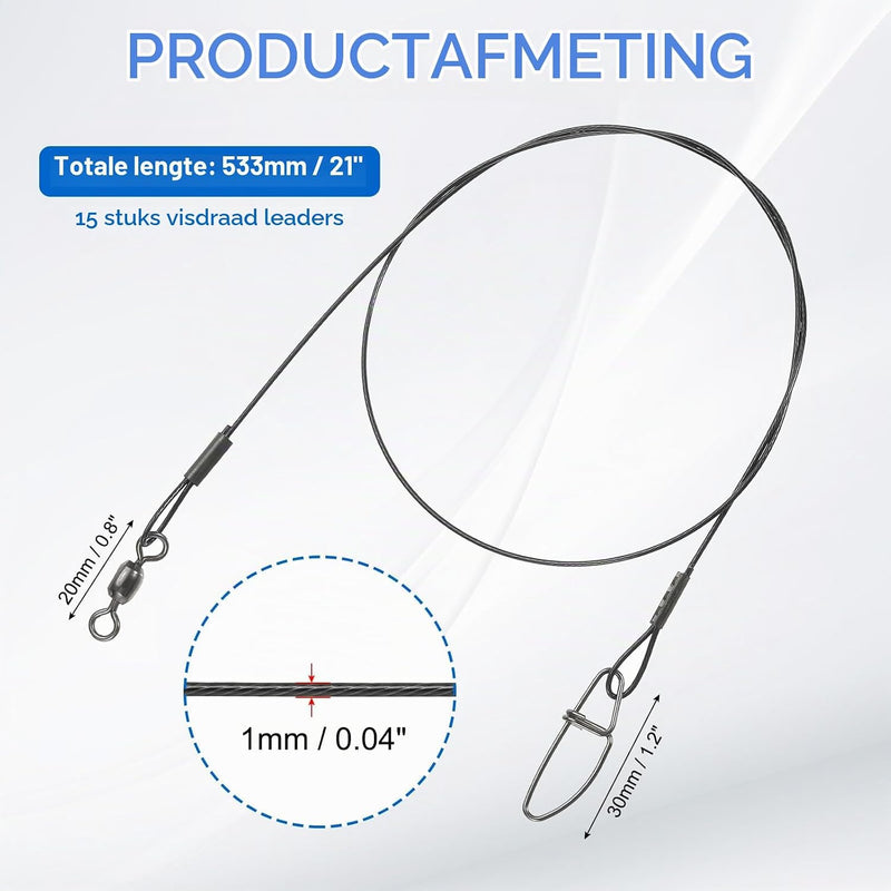 Load image into Gallery viewer, Stalen visonderlijnen 53,3 cm 56,7 kg 15 stuks met wartel en snap – leaderlijn – visaccessoires

