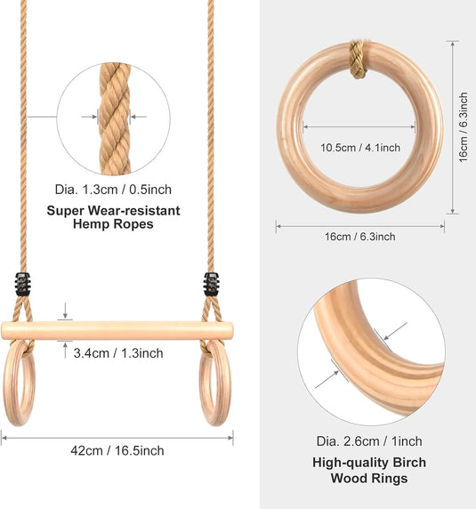 Trapèze pour enfants avec barre de gymnastique en bois et anneaux – jouet de gymnastique – balançoire à grimper