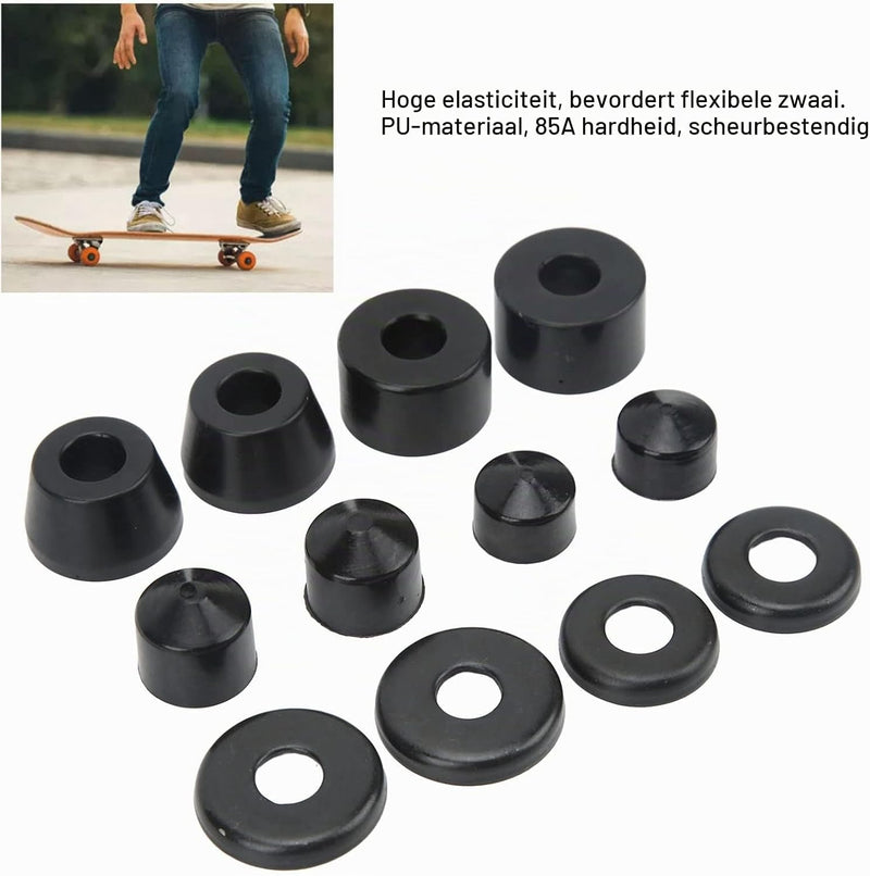 Laden Sie das Bild in Galerie -Viewer, Skateboard bushings 85A 12-delige rebuild set zwart – PU stuurrubbers – longboard skateboard accessoires
