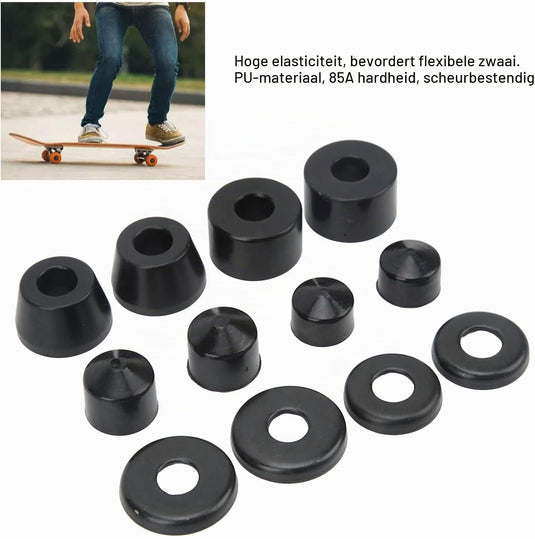 Skateboard bushings 85A 12-delige rebuild set zwart – PU stuurrubbers – longboard skateboard accessoires