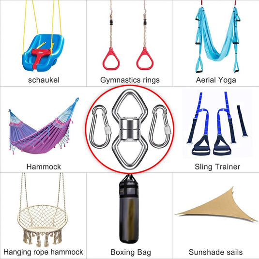 Schommelwartel 360° draaibaar – rvs ophangbeugel met lager voor hangstoel, yogaschommel, klimtouw en hangmat