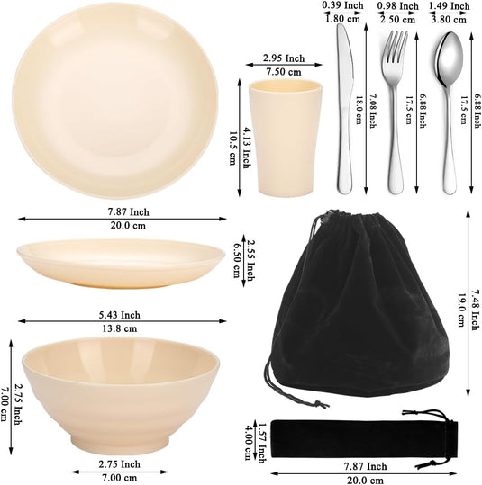 Campingservies set voor 1 persoon met bestek en tas