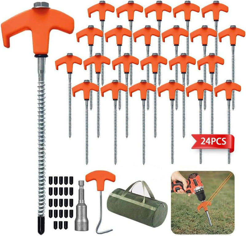 Charger l’image dans la visionneuse de galerie, Piquets à vis 24 pièces de 20 cm en acier au carbone avec adaptateur de perçage et extracteur de piquets – ancrage de tente – matériel de camping
